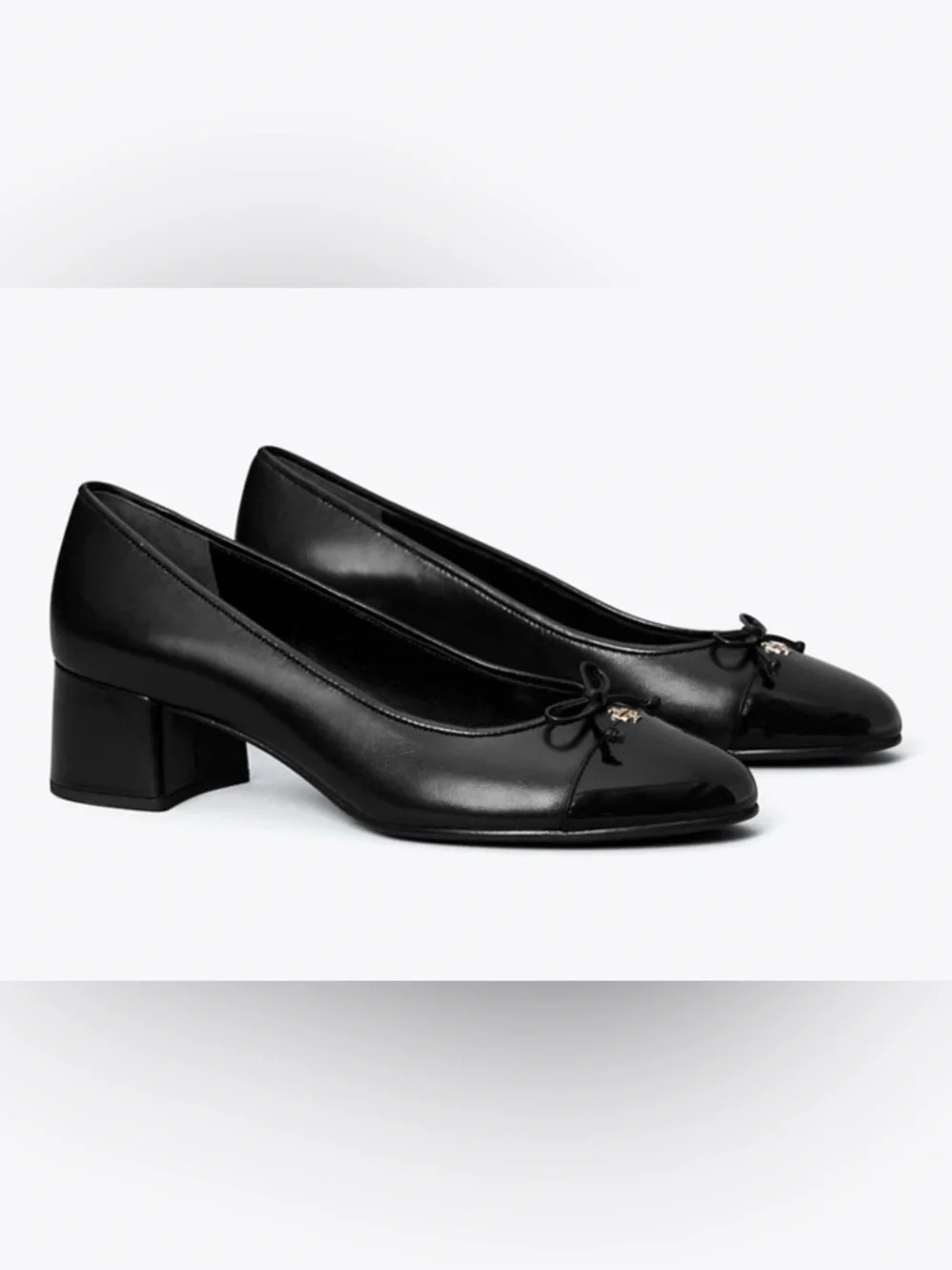 Tory Burch 45mm Cap Toe Pumps Black Leather Logo Bow Heels Womens Size 6.5M